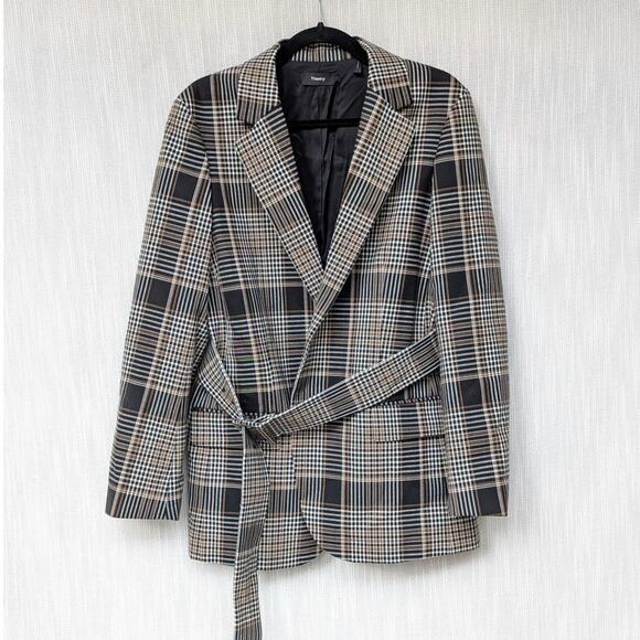 Theory Becket Brown Wool Blend Belted Plaid Checked Blazer, size 8 - Picture 2 of 11